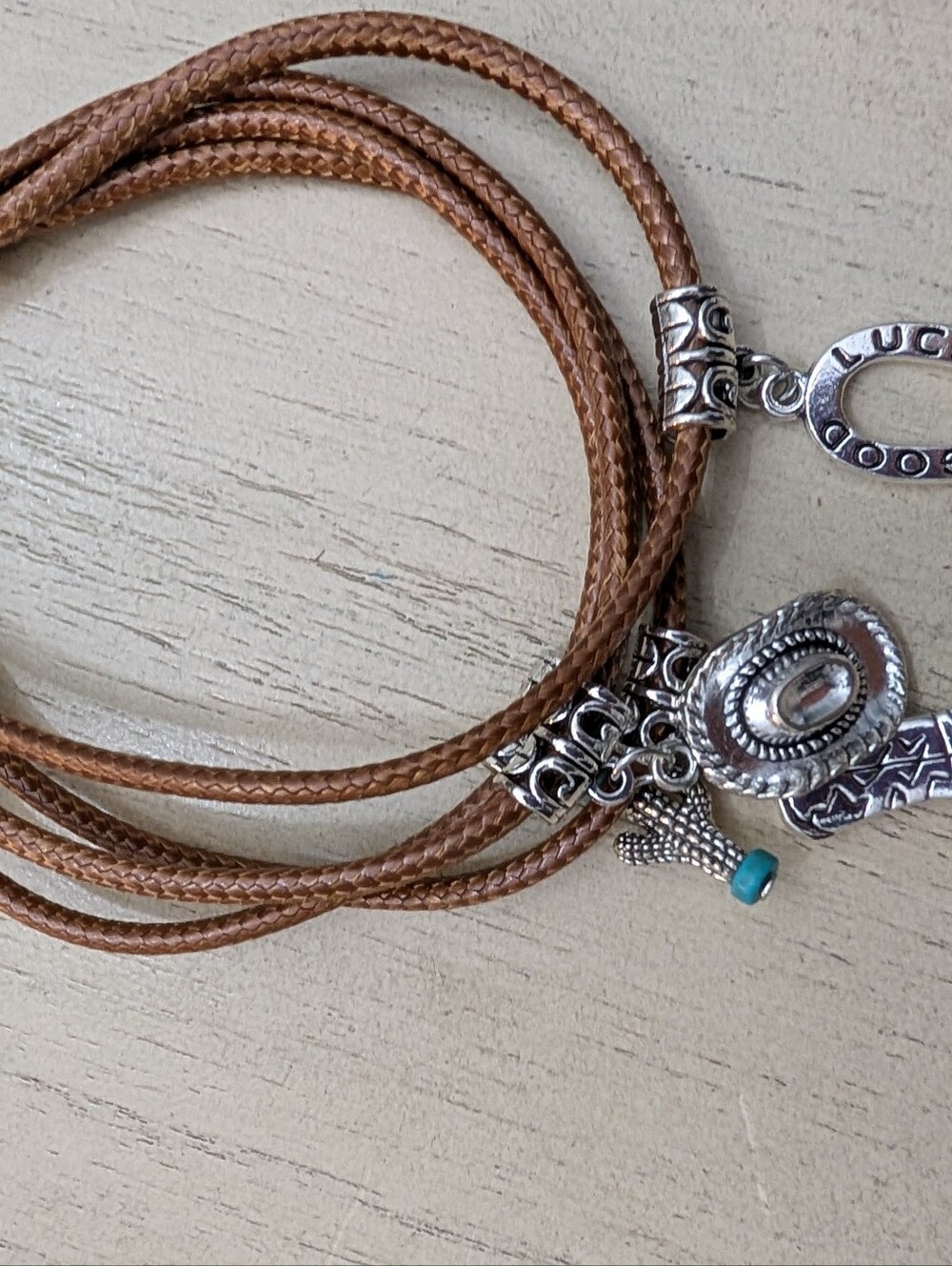 Boho Brown Leather Wrap Bracelet with Silver Country  Charms
